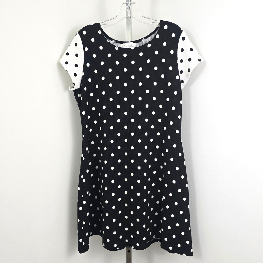 Olivia Matthews Short Sleeve Polka Dot A-line Knee Length Dress Black White XL‎